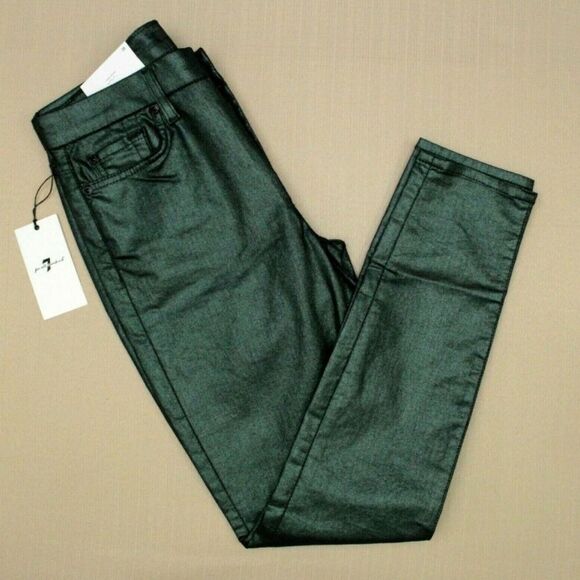 7 For All Mankind The Ankle Skinny Jeans Metallic Green Size 27 - Picture 2 of 5